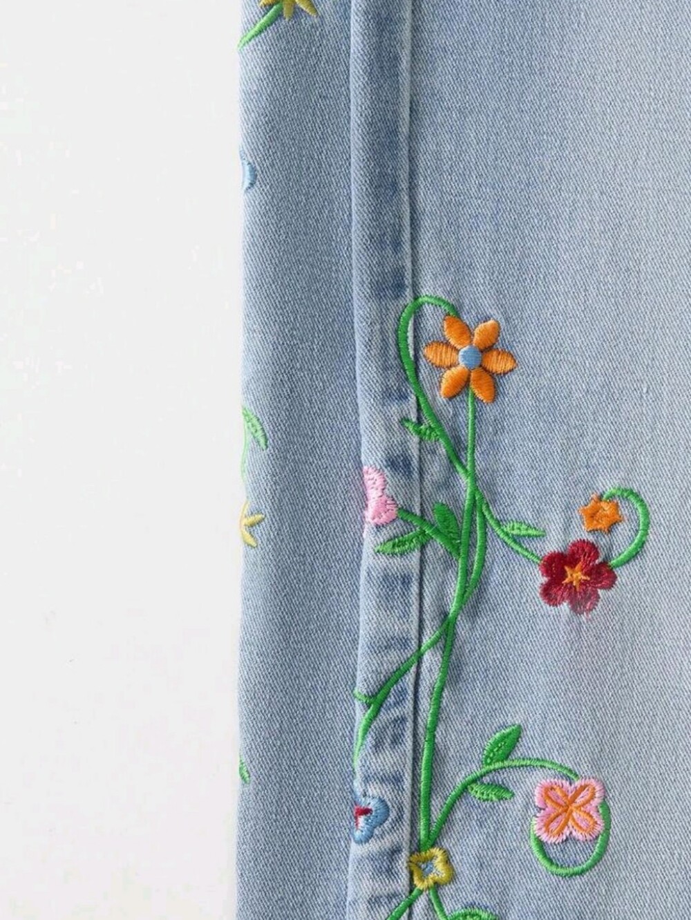 Casual Boho Washed Floral Embroidered Denim Jeans Everyday Blue Floral - Picture 5 of 5